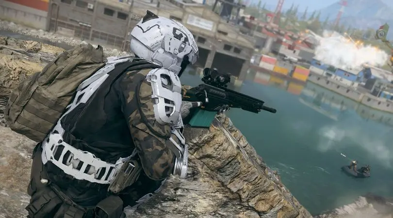 Warzone player aiming with sniper rifle at opponent using a boat across water