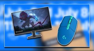 A black gaming monitor with Black Desert gameplay on the screen next to a light blue and turquoise Logitech gaming mouse.