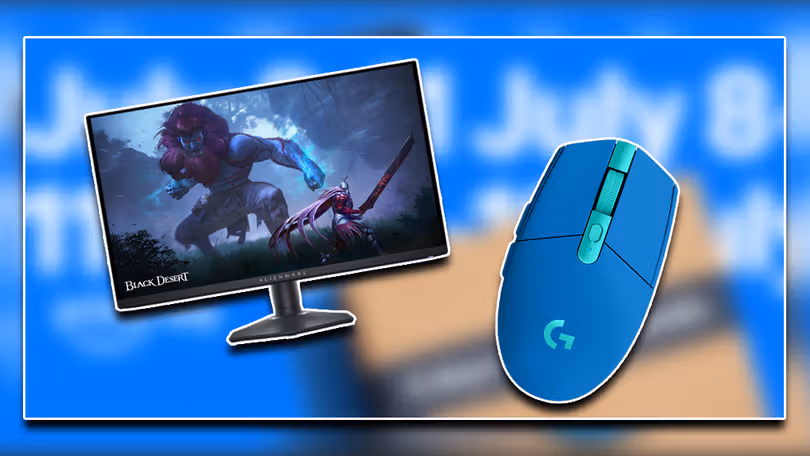 A black gaming monitor with Black Desert gameplay on the screen next to a light blue and turquoise Logitech gaming mouse.