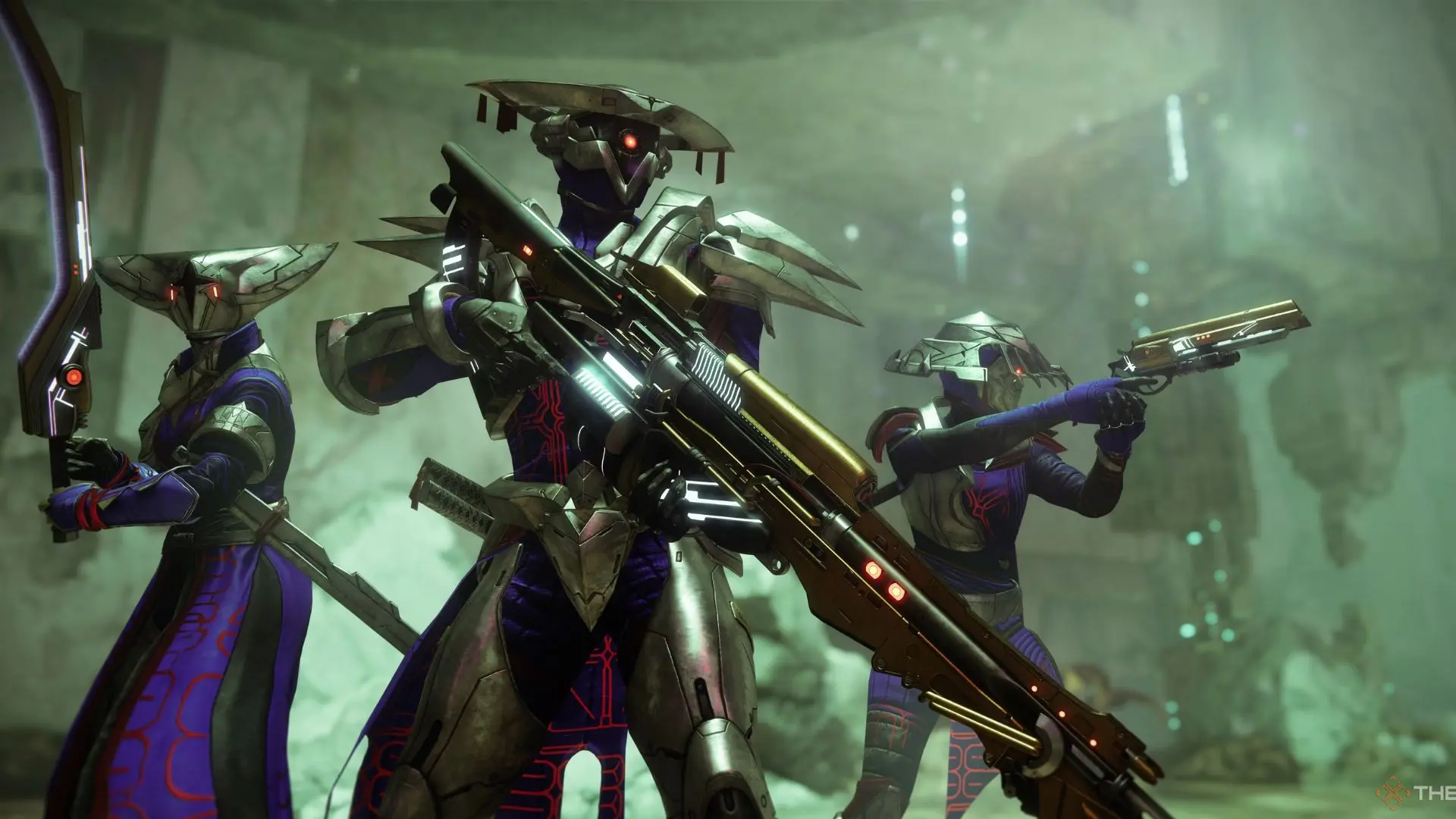 Three Guardians wearing Episode: Echoes armor in Destiny 2