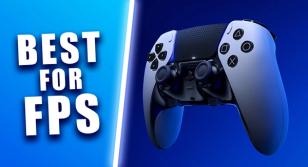 A white and black DualSense Edge controller in front of a blue background on one side of a white line. On the other, "BEST FOR FPS" text in white.