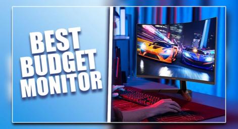 A black monitor with a racing game on the display on one side of a white line. On the other "BEST BUDGET MONITOR" text in white in front of a blue background.