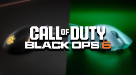 Call of Duty: Black Ops 6 logo in white with the "6" in orange. Behind it, two blurry images of gaming mice, one in black featuring yellow lighting, the other in white in a green room.