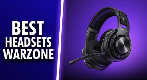 A black open-back headset in front of a purple background on one side of a white line. On the other, "BEST HEADSETS WARZONE" text in white in front of a blue background.