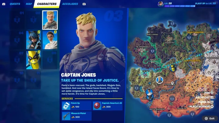 The Fortnite Chapter 5 Season 4 map showcasing locations of key NPCs with Captain Jones highlighted