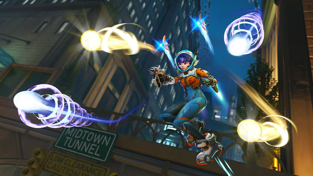 Juno from Overwatch 2 firing her pulsar rockets in Midtown