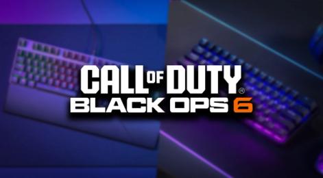 Call of Duty: Black Ops 6 logo in white with the "6" in orange. Behind it, two blurry images of black keyboards featuring multicolored backlighting.