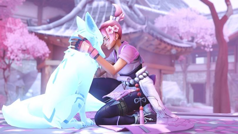 Kiriko touching heads with the kitsune fox with the map Hanamura with cherry blossom trees in the background