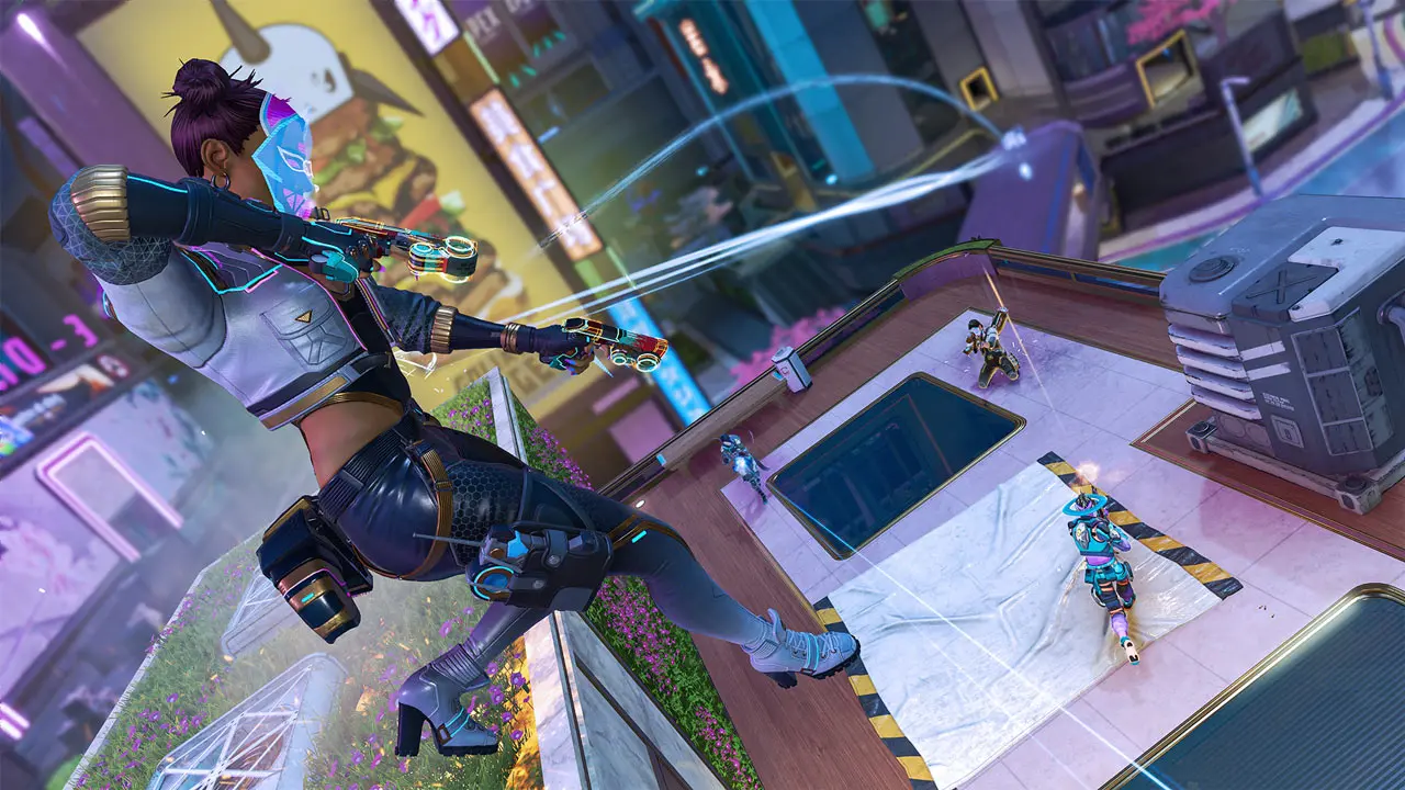 legend from Apex Legends flying through the air with akimbo pistols