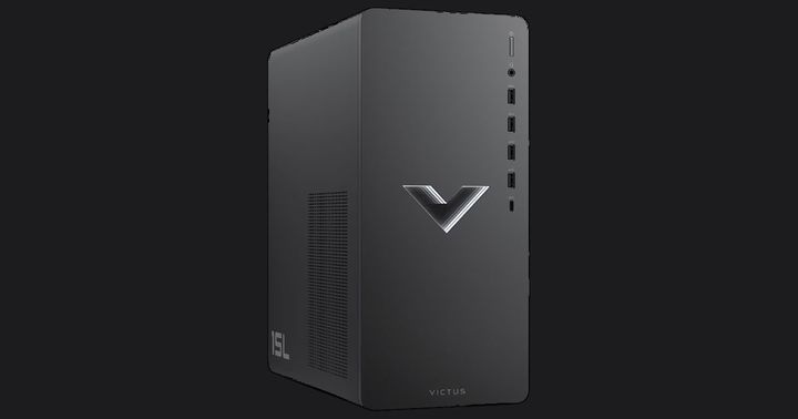 HP Victus 15L product image of a dark gray PC case featuring Victus branding on the front panel.