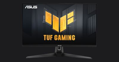 ASUS TUF Gaming VG279QM1A product image of a black gaming monitor with ASUS branding in white and TUF Gaming branding in yellow on the display.