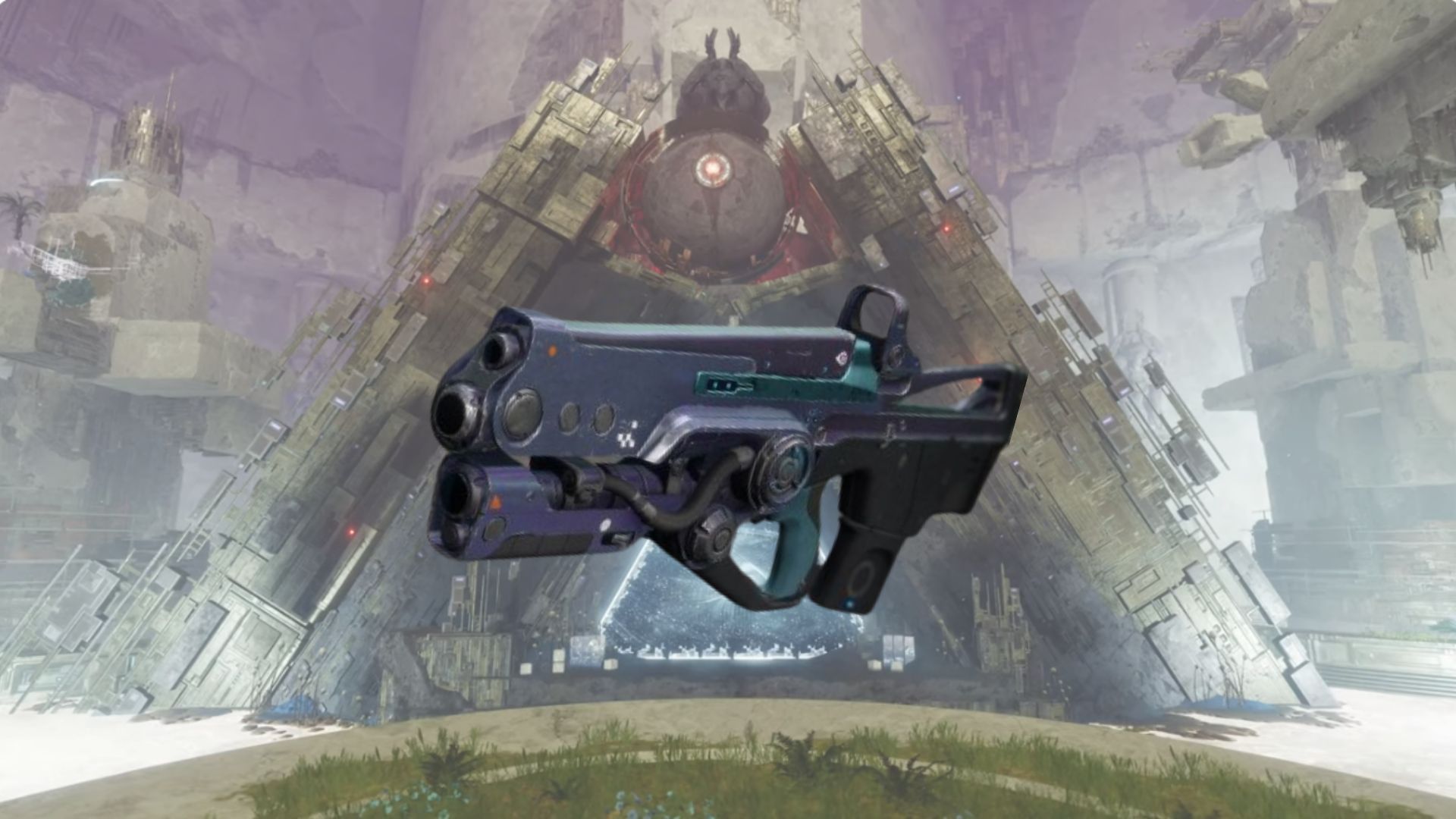 The Hard Light exotic auto rifle with a Vex facility in the background