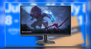 A black Alienware monitor with Black Desert gameplay on the screen. This sits in front of blurry Prime Day branding.