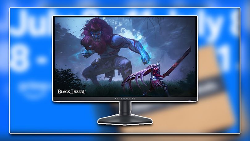 A black Alienware monitor with Black Desert gameplay on the screen. This sits in front of blurry Prime Day branding.