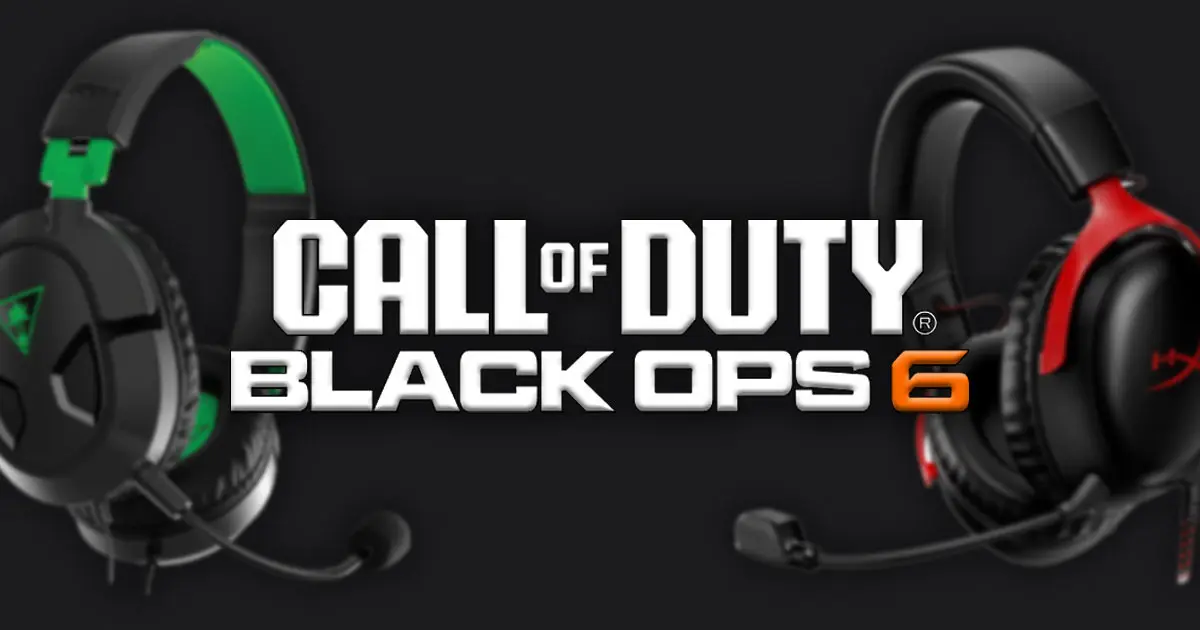 Call of Duty: Black Ops 6 logo in white with an orange "6" and two black gaming headsets behind it, one with green trim, the other with red trim.