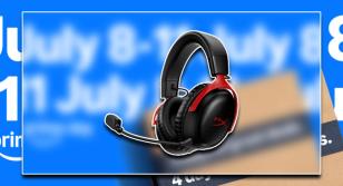 A black and red over-ear HyperX gaming headset in front of blurry Amazon Prime Day branding.