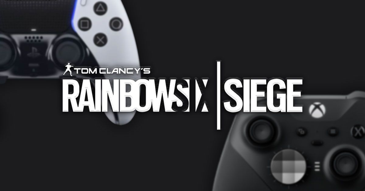 A white and black DualSense controller and a black Xbox Elite Series 2 behind Rainbow Six Siege logo in white.