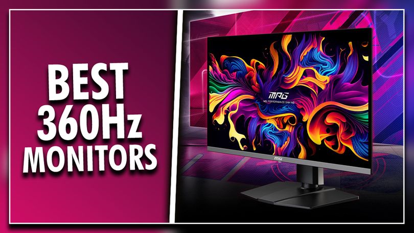 A black MSI gaming monitor with a multicolored pattern on the display on one side of a white line. On the other side, "BEST 360Hz MONITORS" text in white in front of a pink background.