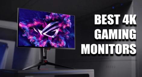 A black gaming monitor with a pink and purple pattern and logo on the display next to "BEST 4K GAMING MONITORS" branding in white.