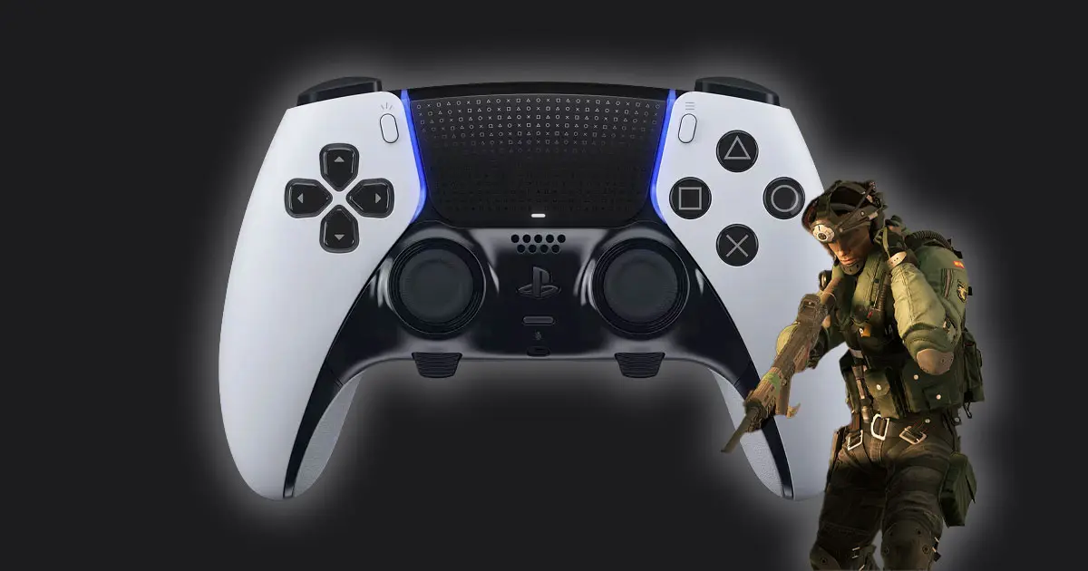 A white and black DualSense Edge controller with a character from Rainbow Six Siege next to it.