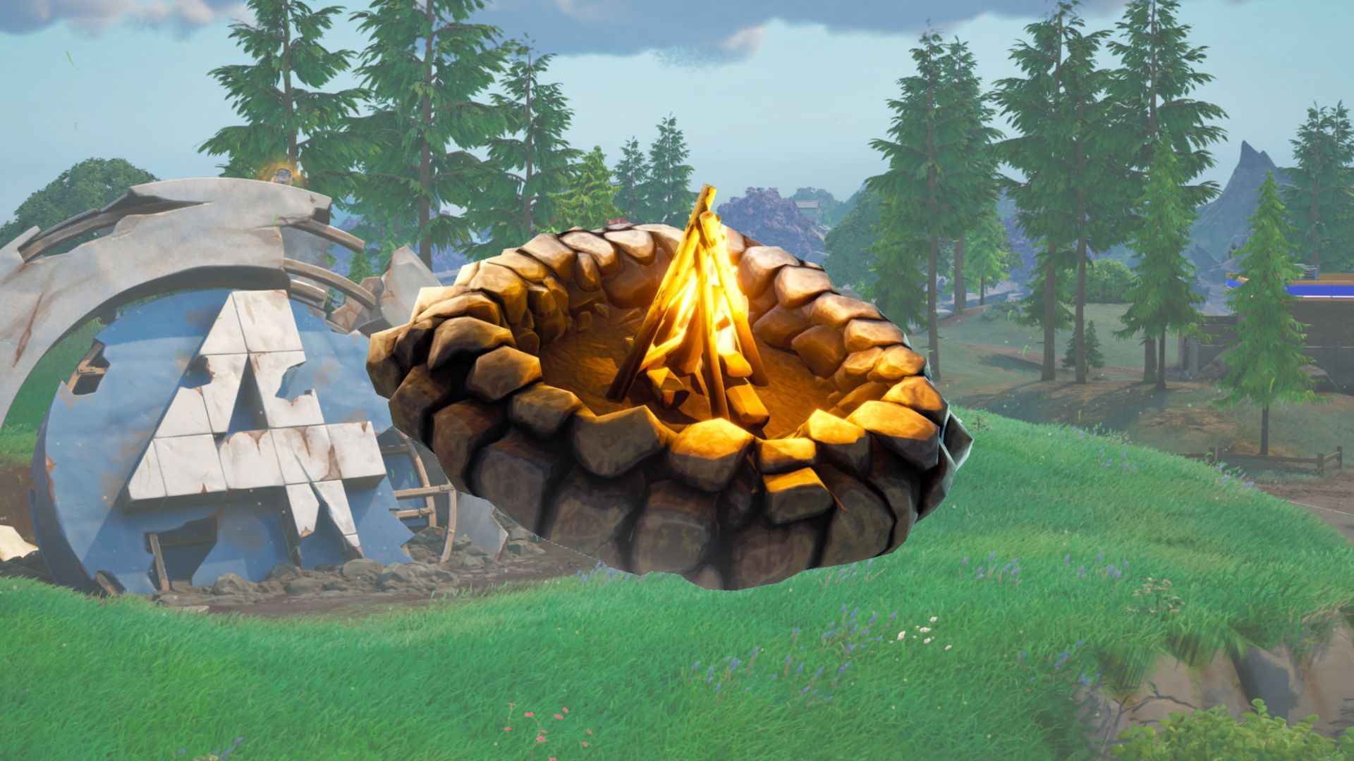 A campfire with the Fantastic Four logo in the background