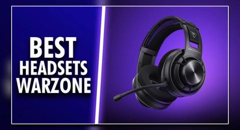 A black open-back headset in front of a purple background on one side of a white line. On the other, "BEST HEADSETS WARZONE" text in white in front of a blue background.