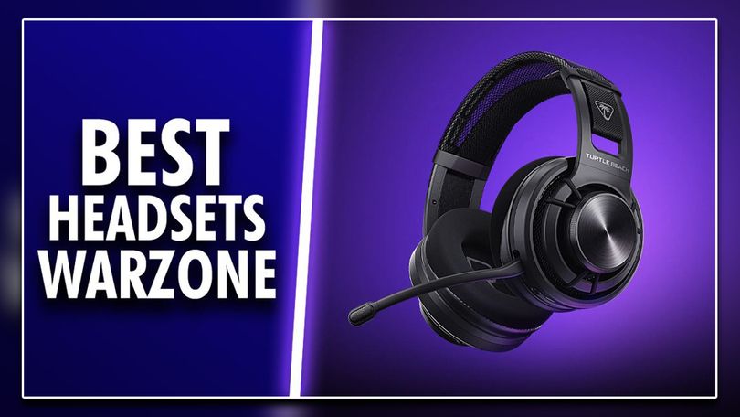 A black open-back headset in front of a purple background on one side of a white line. On the other, "BEST HEADSETS WARZONE" text in white in front of a blue background.