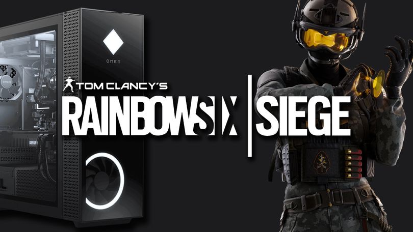 A character from Rainbow Six Siege in a black and yellow next to a black HP PC with a clear side panel. Both are behind the Rainbow Six Siege logo in white.