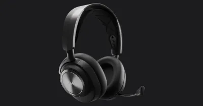 SteelSeries Arctis Nova Pro product image of a black over-ear headset with a mic extending around the front.