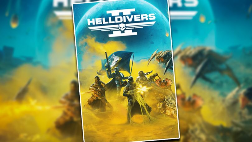 HELLDIVERS 2 cover art with soliders fighting aliens in front of a blue and yellow background.