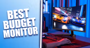 A black monitor with a racing game on the display on one side of a white line. On the other "BEST BUDGET MONITOR" text in white in front of a blue background.