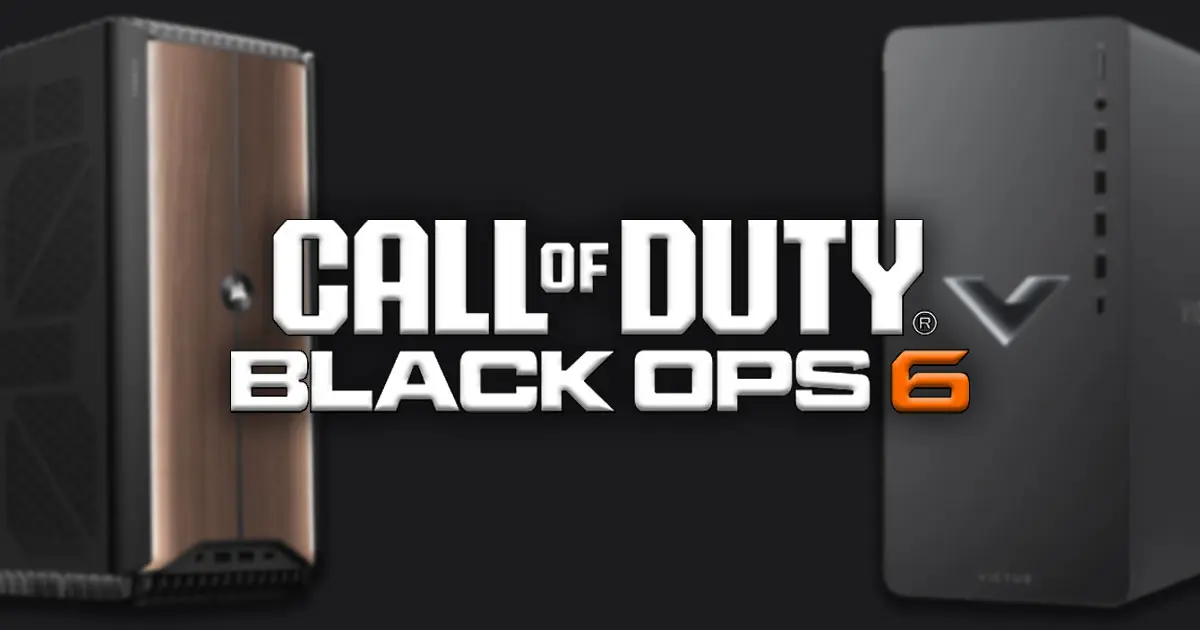 Call of Duty: Black Ops 6 logo in white with the "6" in orange and two PCs behind the logo to either side.