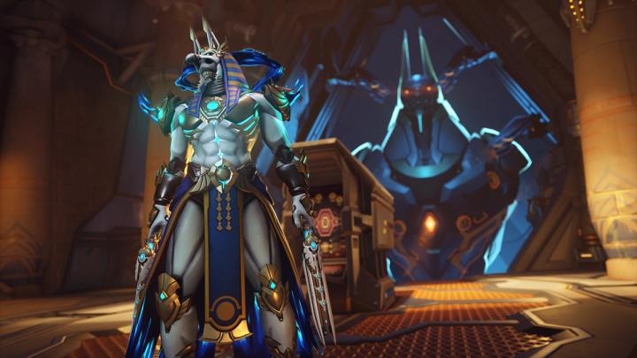 Anubis Reaper from Overwatch 2 standing inside of the spawn rooms of the map Throne of Anubis