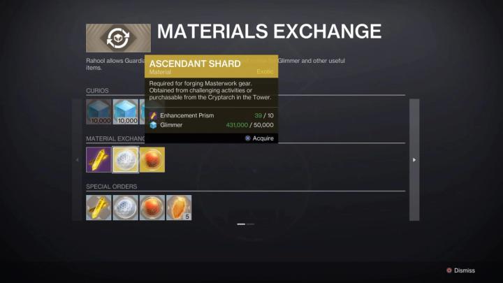 Ascendant Shards viewed in the Master Rahool materials exchange screen in Destiny 2.