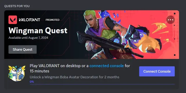 a screenshot of valorant's wingman quest description card on discord