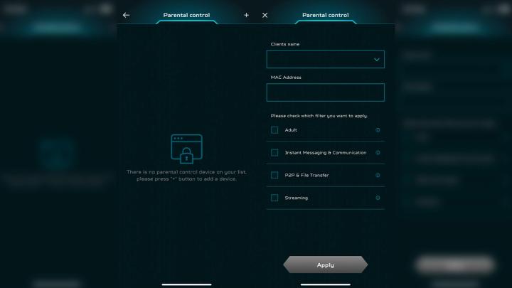 Inside the Predator Connect app and the Parental Control options. The color scheme is mostly dark blue.