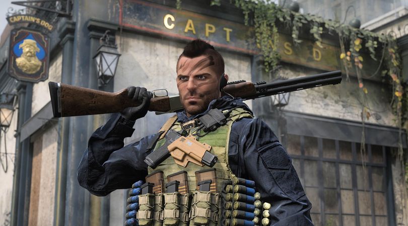 Warzone Soap Operator holding shotgun on shoulder in front of British pub