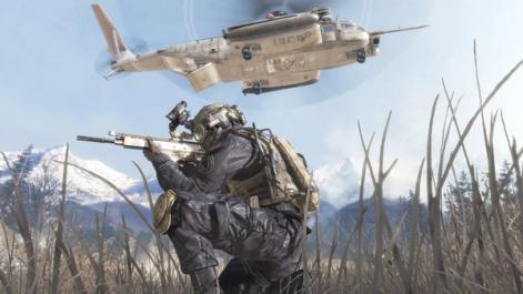 Soldier from Modern Warfare 2 crouched while a helicopter flies over him