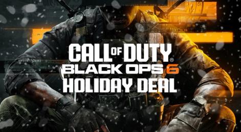 Call of Duty Black Ops 6 cover art featuring a solider holding two weapons with "HOLIDAY DEAL" branding in white in front as well as snowy speckles.