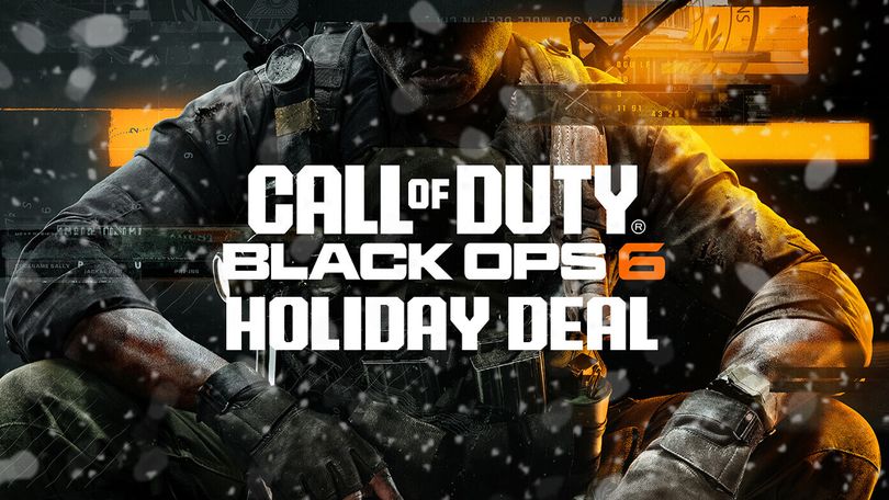Call of Duty Black Ops 6 cover art featuring a solider holding two weapons with "HOLIDAY DEAL" branding in white in front as well as snowy speckles.