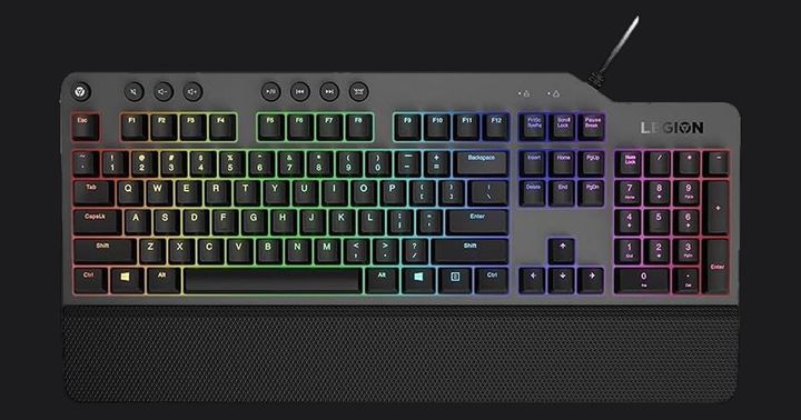 Lenovo GY40T26478 Legion K500 product image of a black wired keyboard featuring a wrist rest and multicolored RGB lighting behind the keys.