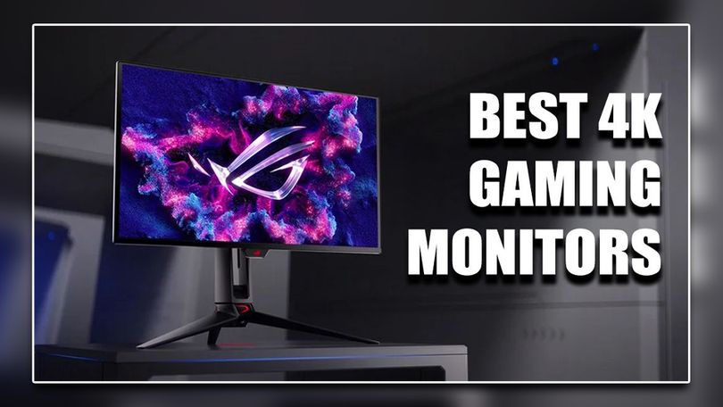 A black gaming monitor with a pink and purple pattern and logo on the display next to "BEST 4K GAMING MONITORS" branding in white.