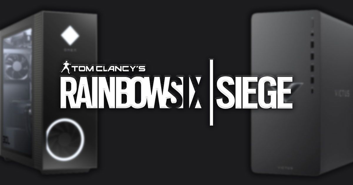 Rainbow Six Siege logo in white with blurry images of two different HP gaming PCs behind it.