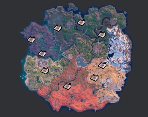 A top down view of the fortnite map with the locations of all bunkers marked