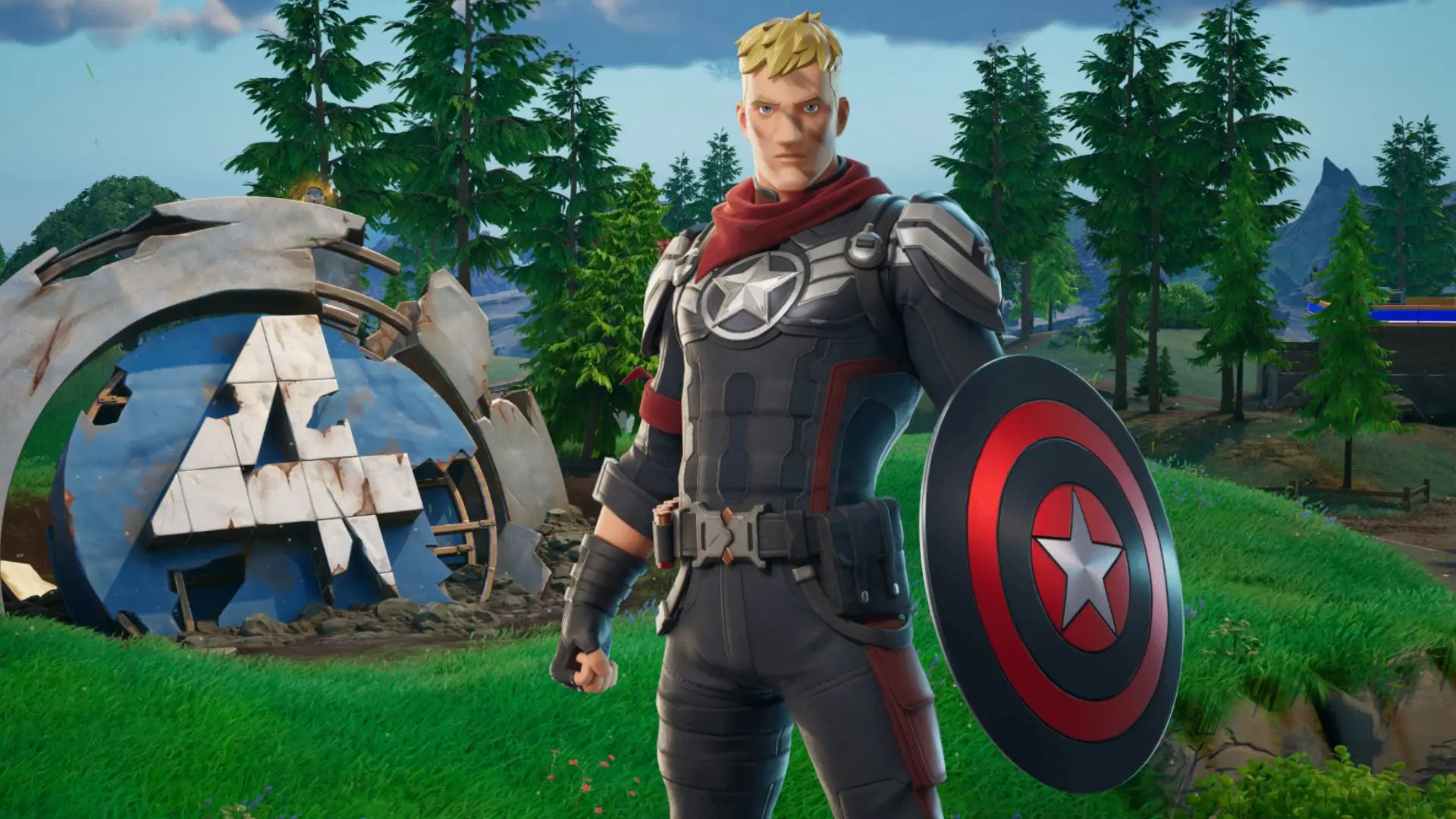 Jonesy dressed in Captain America's armor with the remains of the Fantastic Four logo in the background