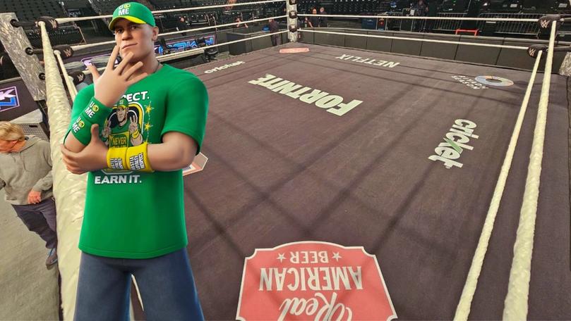 The John Cena Fortnite skin next to a WWE ring mat