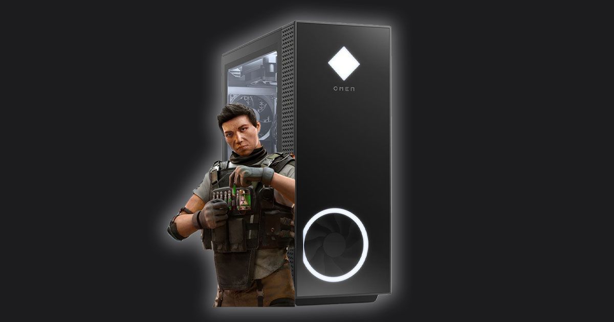 A character from Rainbow Six Siege in a black vest next to a black PC case featuring white lighting on the front.