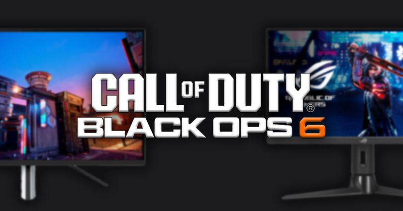 Call of Duty: Black Ops 6 logo in white with the "6" in orange and two different gaming monitors blurred out behind it.