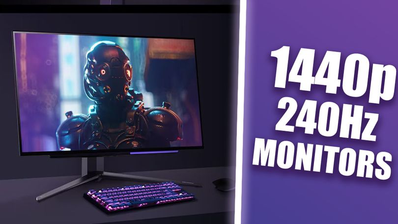 A black gaming monitor with a cyborg with red eyes on the screen. Next to it, "1440p 240Hz" branding in white with a purple glow around it.