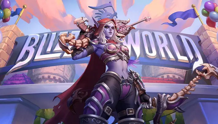 An artwork of the Sylvana Widowmaker skin from Overwatch 2 with the map Blizzard World in the background